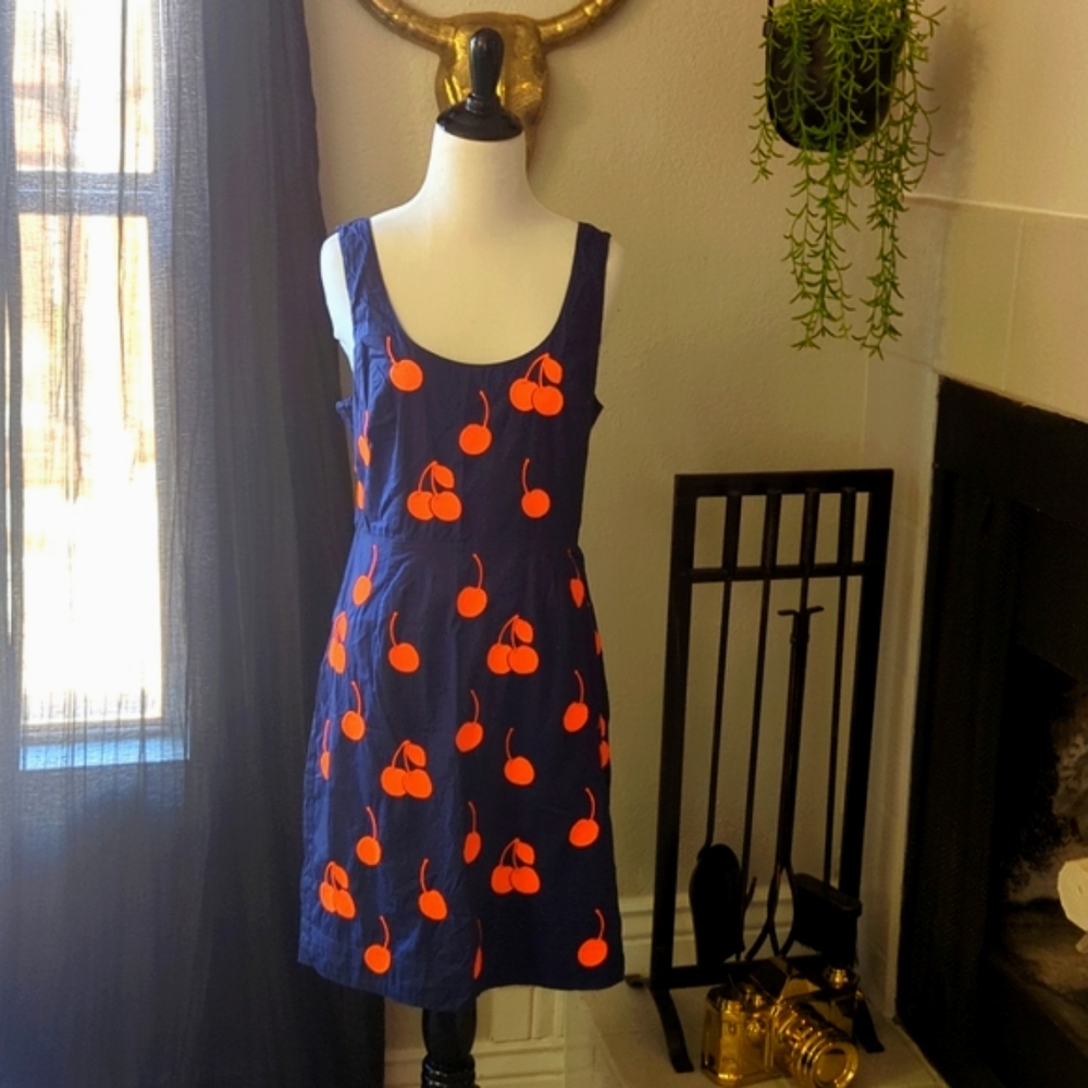 Blue Rockabilly Dress w/ Orange Embroidered Cherries